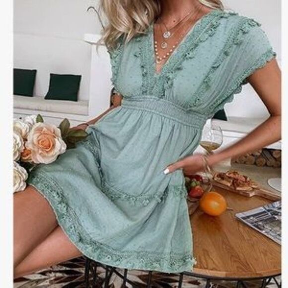 New Lace V Neck A Line Swiss Dot Cap Sleeve Short Swing Dress - Picture 1 of 5